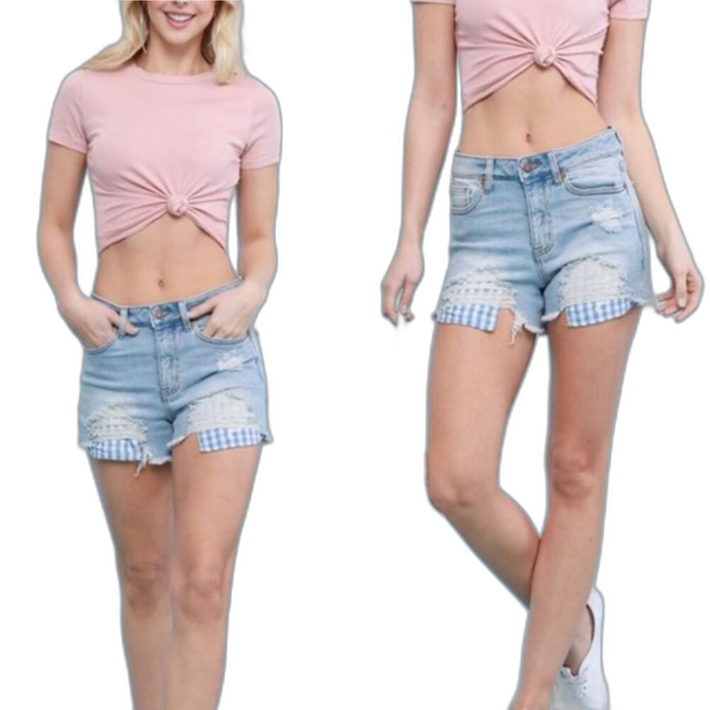 Judy Blue Gingham Patch Denim Cutoff Shorts Blue XL